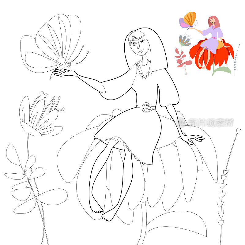 一个小女孩坐在一朵大花上，胳膊上挽着一只蝴蝶。拇指姑娘。oloring页面。矢量图