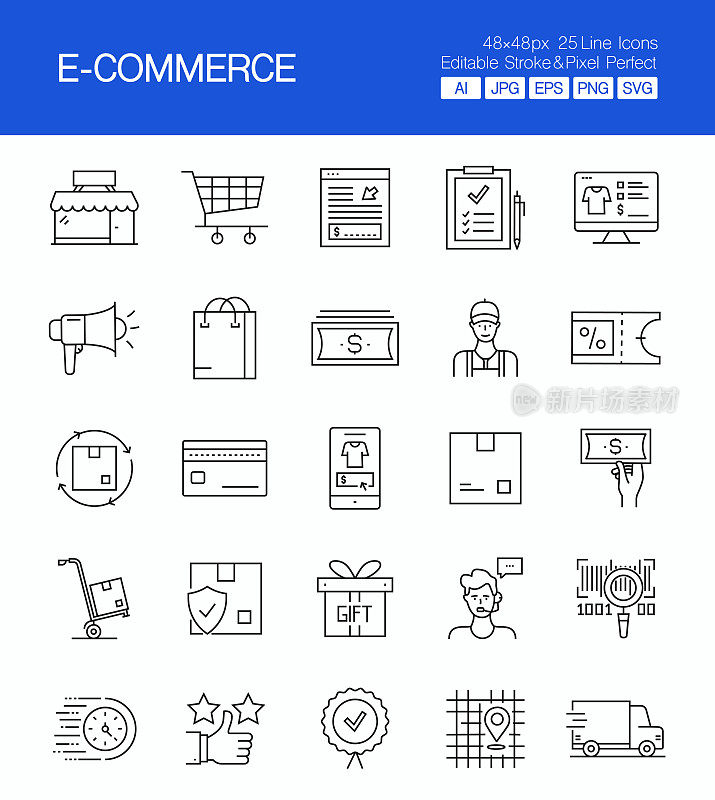 电子商务细线矢量图标集。设计是可编辑的，颜色可以改变。创意图标的向量集:网上购物，送货，愿望清单，网上市场，折扣，安全支付