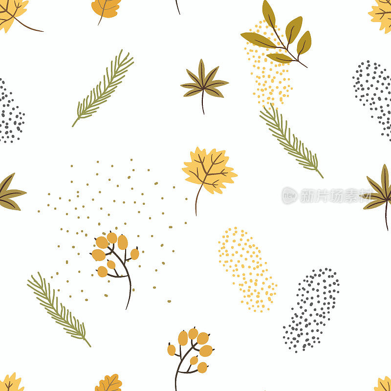 无缝矢量图案与植物，树叶，落叶，枫叶，小树枝，小树枝，秋天的氛围，适合感恩节，万圣节。