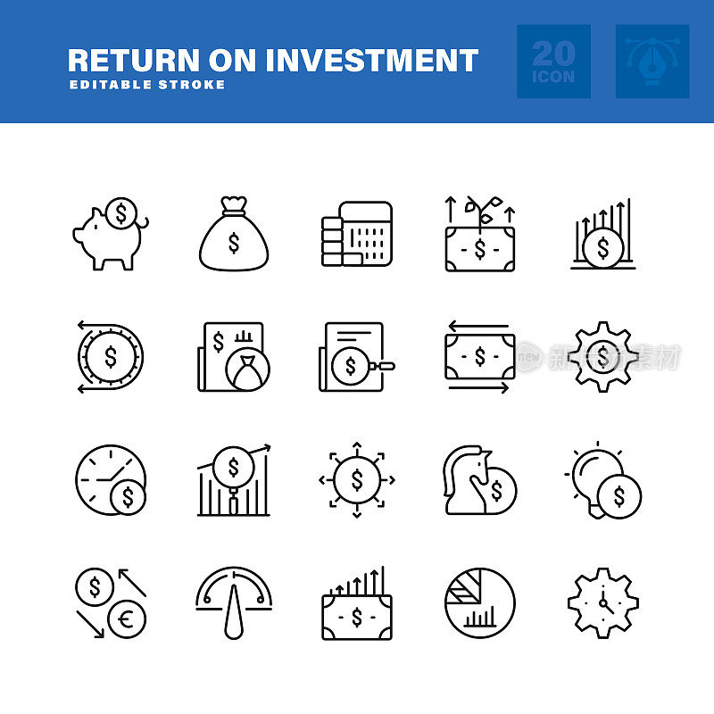 投资回报线图标集。可编辑的中风。像素完美。