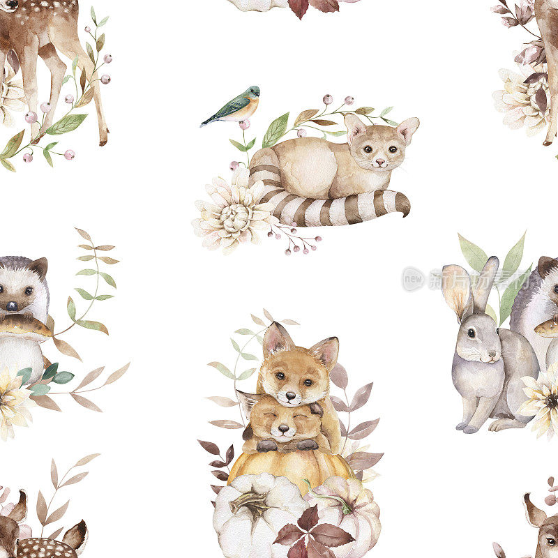林地无缝模式。秋季森林水彩设计。鹿，狐狸，野兔，刺猬。可爱的动物和花卉质地的苗圃装饰，织物，纺织品，墙纸，包装纸