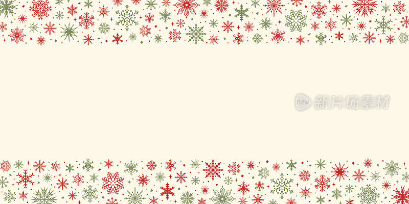 圣诞框架与红色和绿色雪花和复制空间的米色背景。矢量图