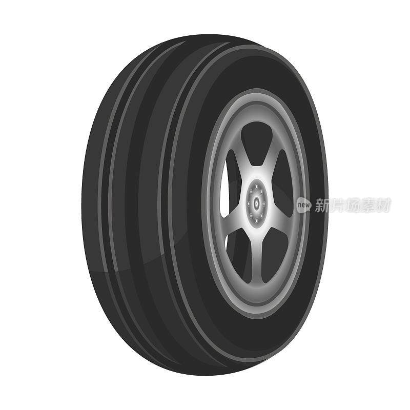 汽车车轮，磁盘和轮胎。卡通矢量插图的橡胶轮胎与胎面图案，车轮边缘为汽车隔离在白色