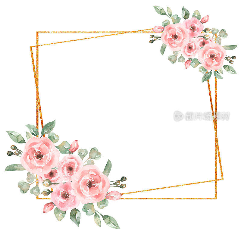 水彩画精致的牡丹花花束框剪贴画，粉红色花园花边界插图，花花环，玫瑰夹艺术。婚礼请柬，婴儿送礼会，卡片制作