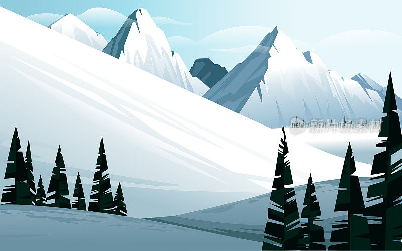 水平冬季山地景观与冷杉林和显示山脉覆盖雪矢量插画