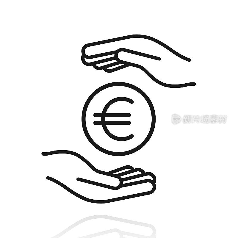 手中拿欧元硬币。白色背景上反射的图标