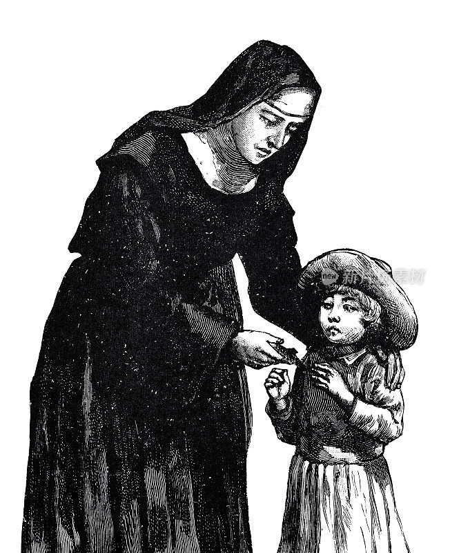 一个修女把一件东西递给一个小女孩，并解释它，白色背景