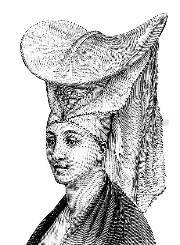 年轻女子戴着一顶奇特的帽子，帽子看起来像一片叶子，侧视图，白色背景