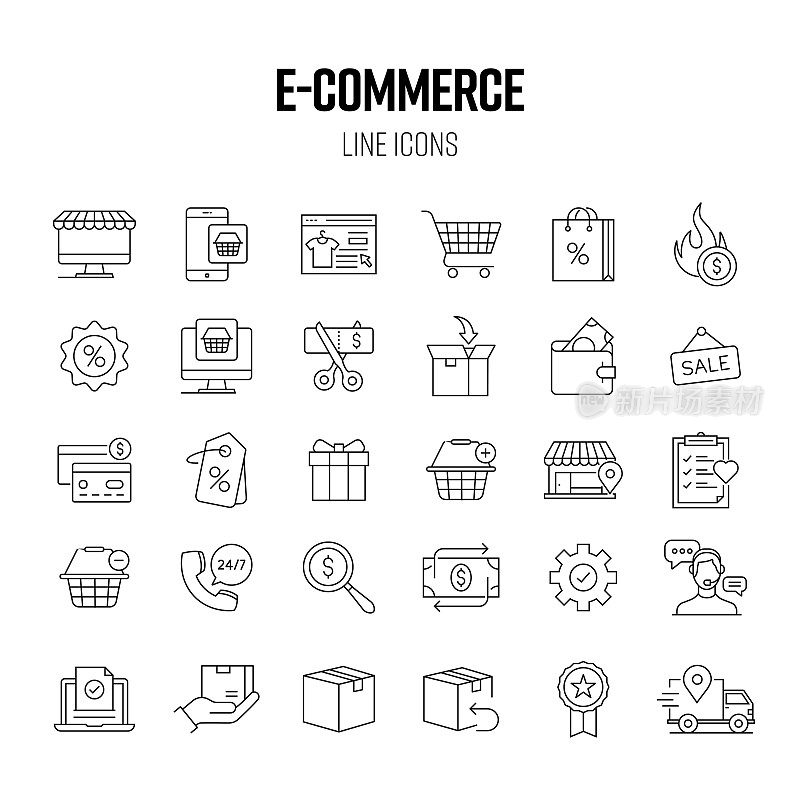 电子商务线路图标集。网上购物，产品，销售，免费送货