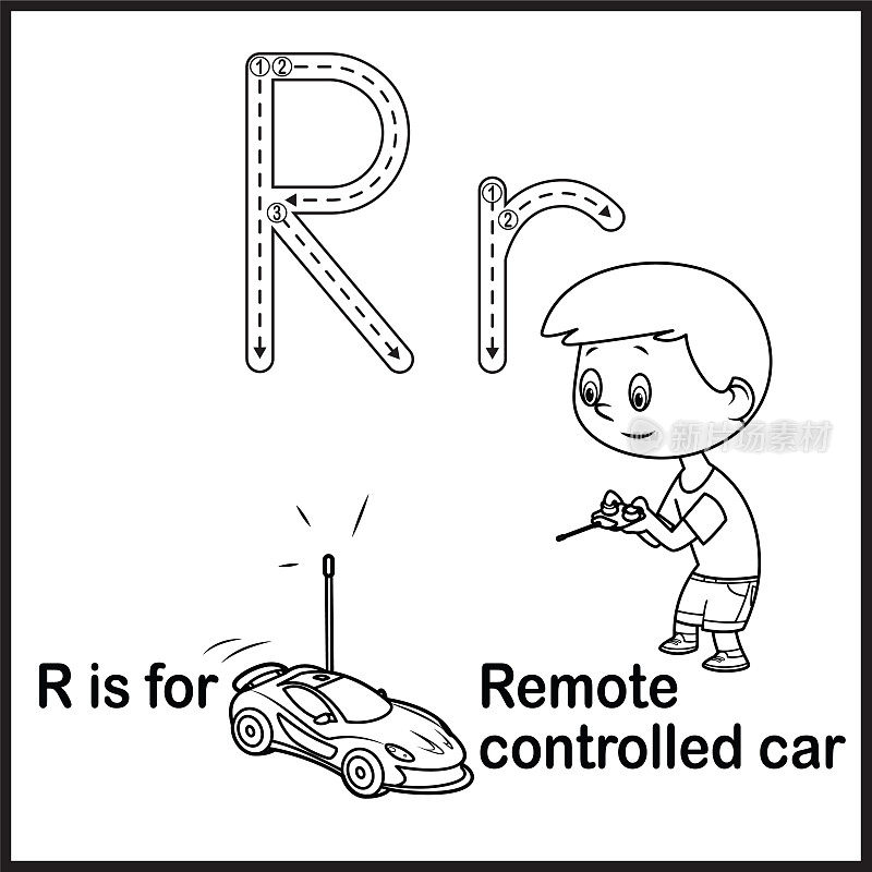 抽认卡字母R是遥控汽车矢量插图