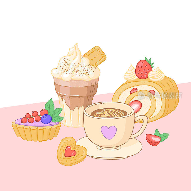 咖啡和甜点插图。格蕾丝和卡布奇诺配草莓卷，篮子配蛋挞和饼干。