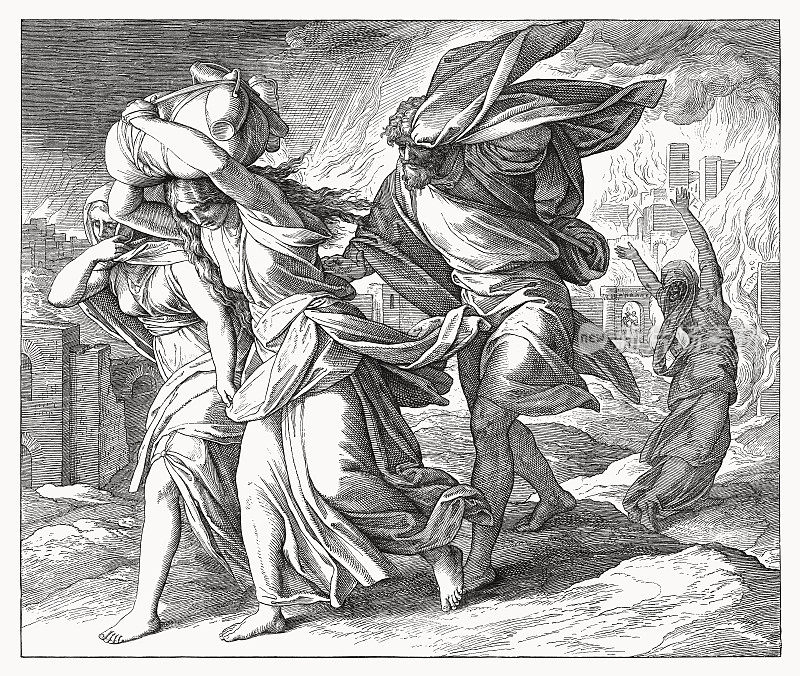 Lot逃离所多玛(创世纪19,24-26)，木刻，1860年出版