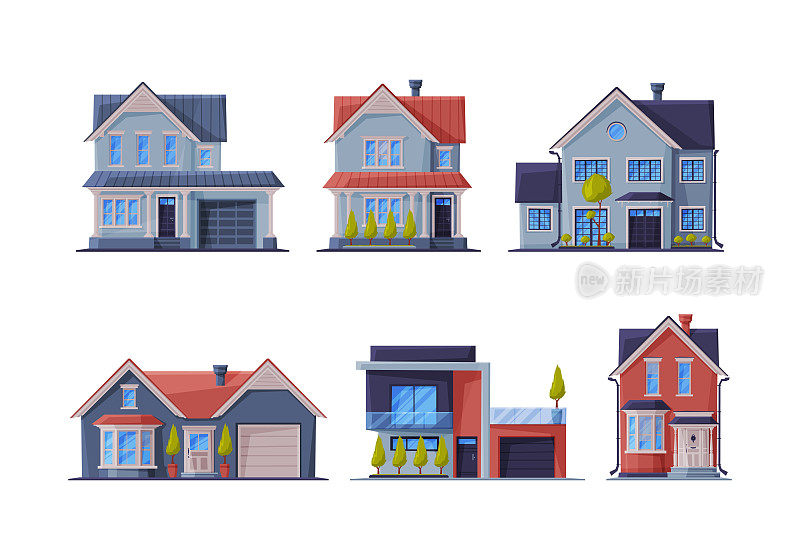 房屋。郊区和城市住宅立面。乡村村舍卡通矢量插图