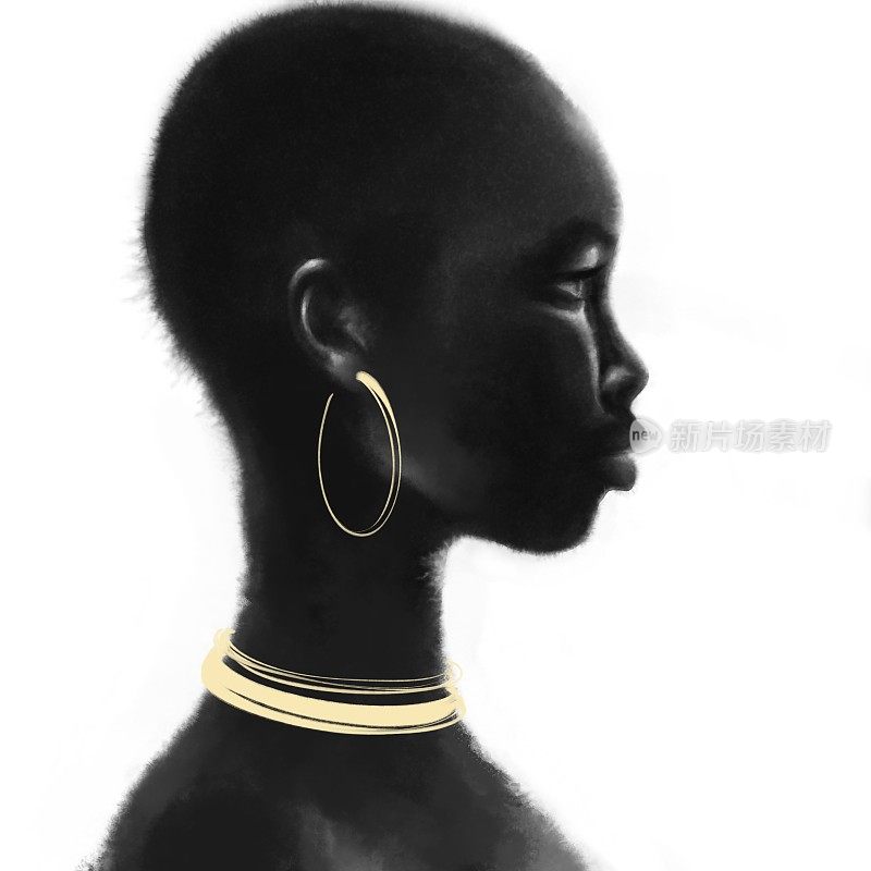 非洲妇女侧面。时装插图