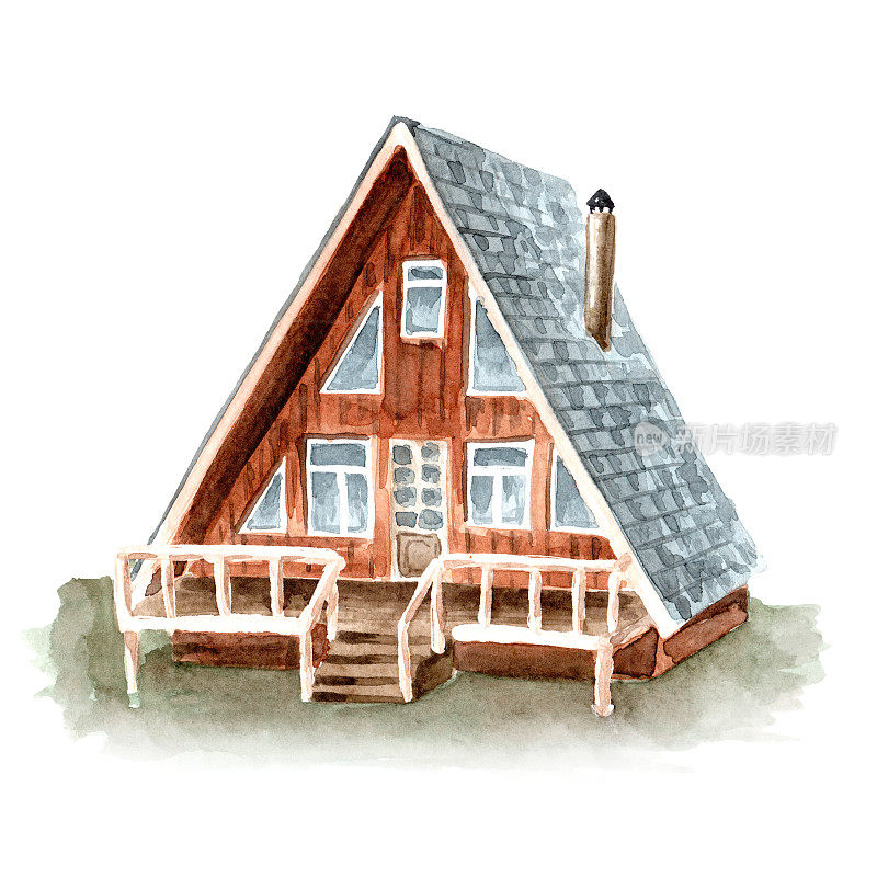 乡村小屋。手绘水彩插图，孤立在白色背景上