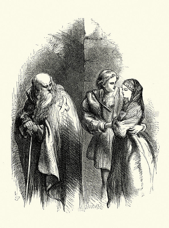 劳伦斯修士与罗密欧与朱丽叶，威廉·莎士比亚的《罗密欧与朱丽叶》场景，由约翰·吉尔伯特绘制，19世纪维多利亚时代
