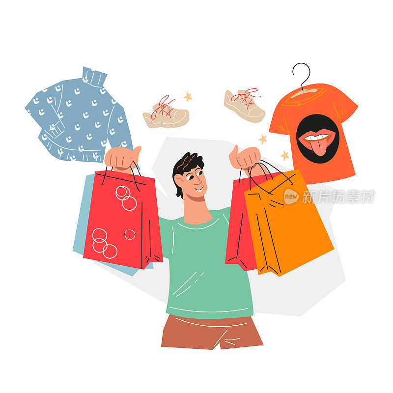 快乐的买家客户与购物袋，平面矢量插图孤立。