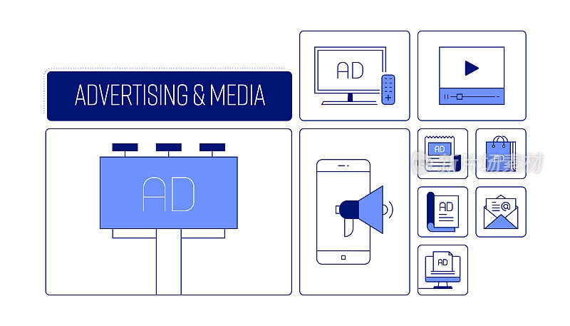 广告和媒体相关设计与线图标。简单轮廓符号图标。