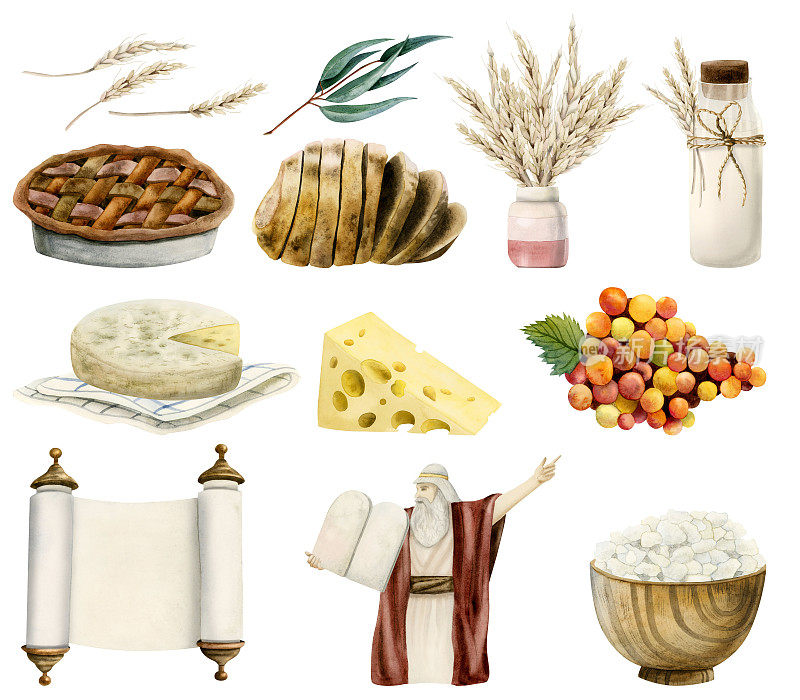 五旬节的标志和传统食品插图收集孤立的白色。面包，牛奶，奶酪，葡萄和苹果派。摩西与石碑和托拉卷轴剪贴画