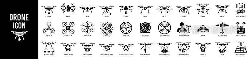 无人机无人机字形图标集。军用和运输机符号。