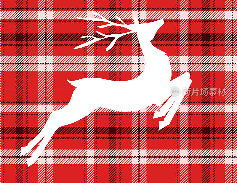 红色格纹背景上的白色驯鹿剪影