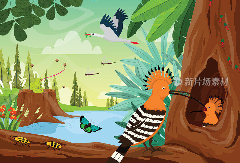 夏季自然中，欧亚天竺鸟、蛹、雏鸟在树上觅食的野生景象
