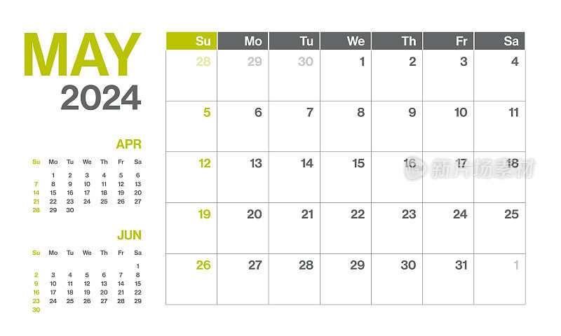 2024年5月-每月季度日历。极简风格的景观水平日历2024年。向量模板。这一周从星期一开始