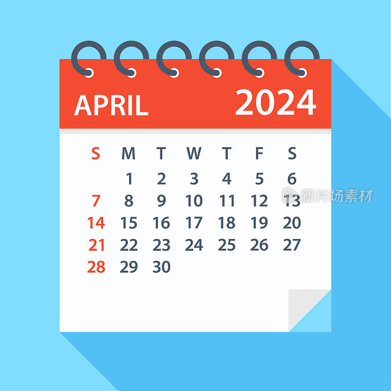 2024年4月-日历。一周从周日开始