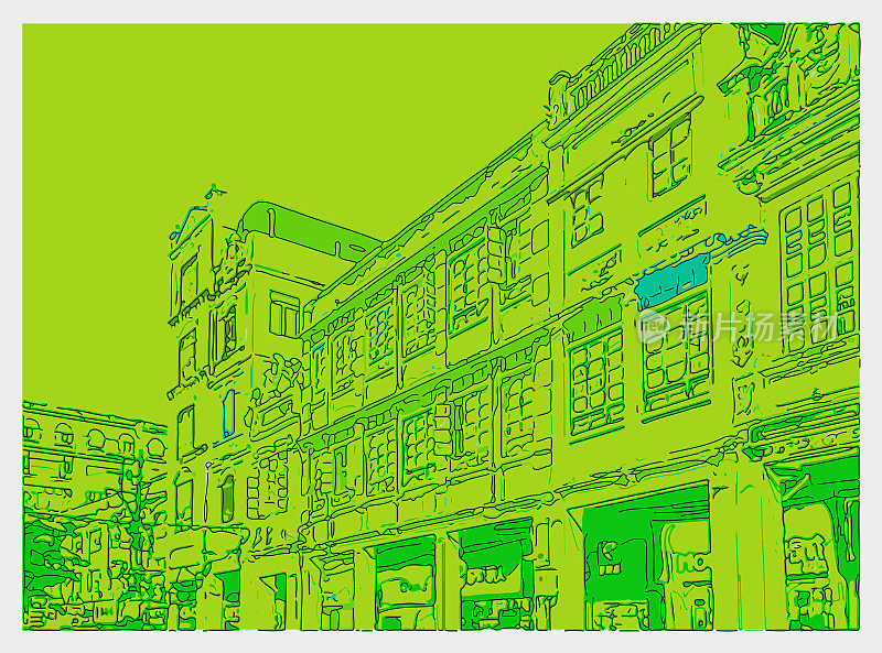 勾勒出艺术风格的卡通插画，绿色城市街道建筑场景