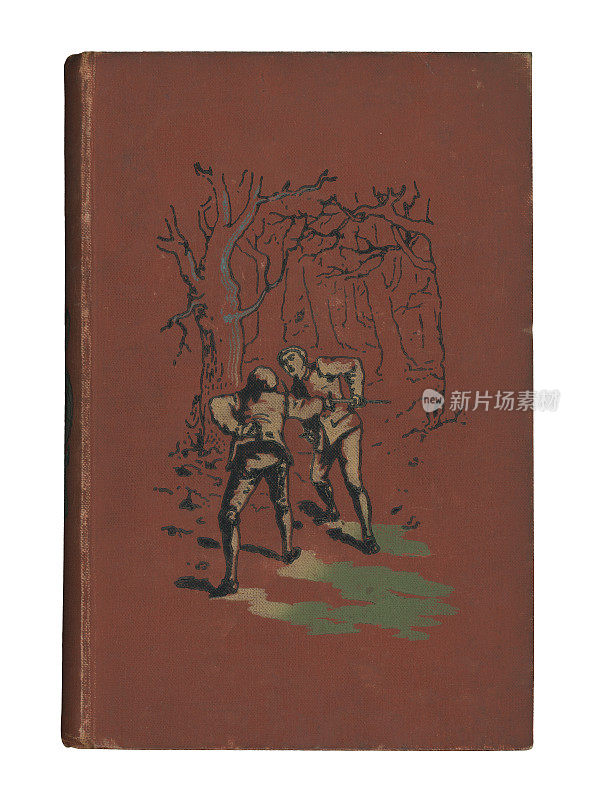 古董红色精装书与两个人剑决斗