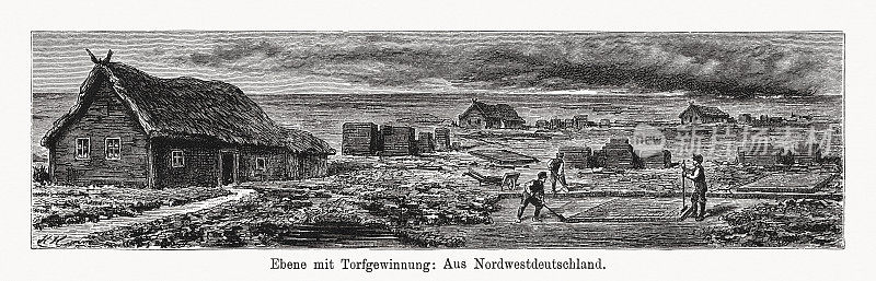 德国西北部的泥炭开采，木版雕刻，1894年出版