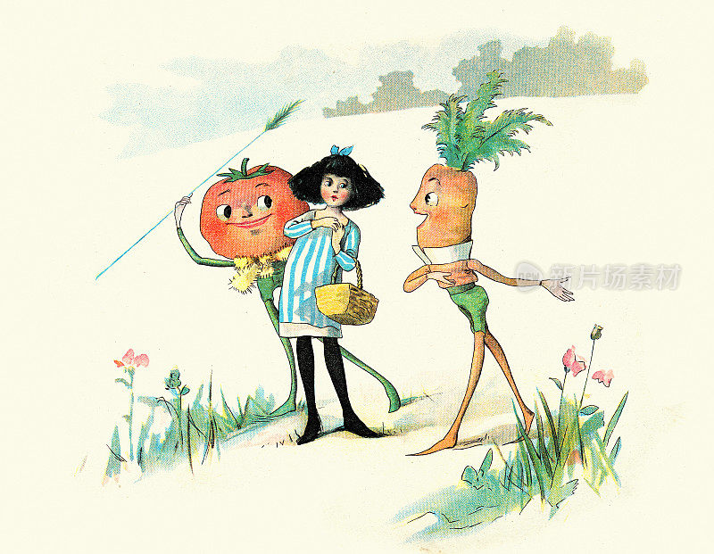 小女孩与胡萝卜人和番茄人，蔬菜人的复仇，儿童读物插图，弗洛伦斯・K・厄普顿，1890年代