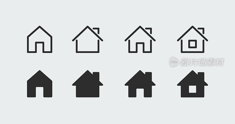 家庭图标收集。平面线艺术矢量房屋设计