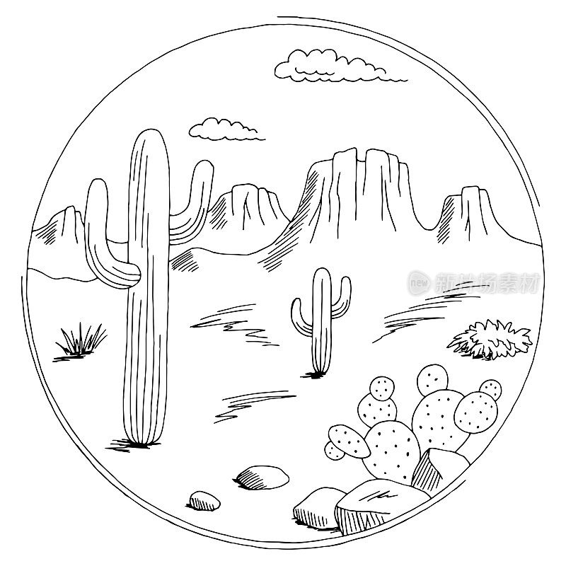 草原圆框图形黑白沙漠景观素描插图矢量
