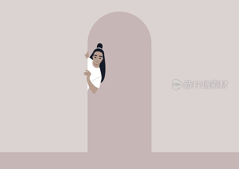 一个年轻的亚洲女性角色向门外窥视，走廊的景色