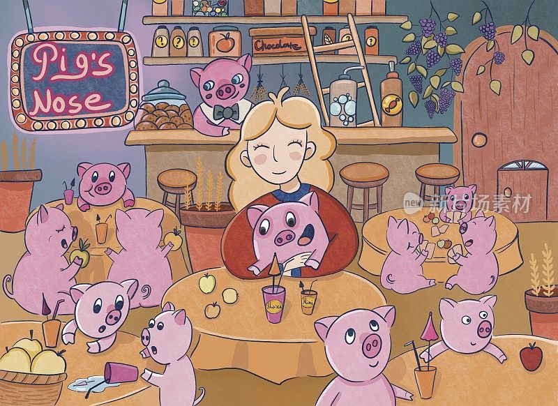 插图猪咖啡馆。有趣和可爱的动物玩耍和花时间与快乐的女孩。