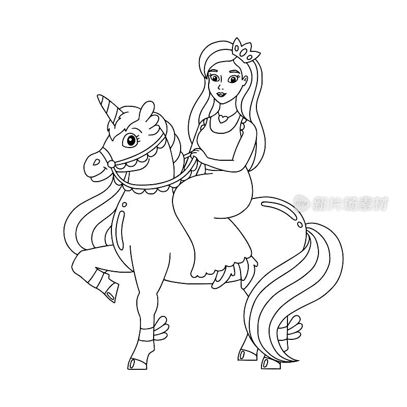 公主骑着独角兽。儿童涂色书页面。卡通风格的角色。矢量插图孤立在白色背景上。