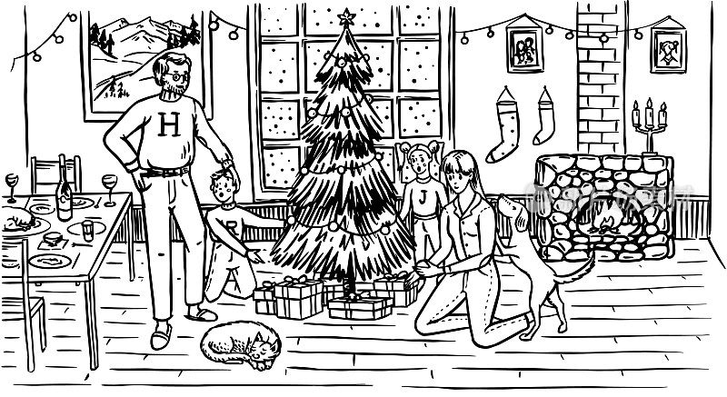 一家人正在装饰圣诞树迎接圣诞节。妈妈，爸爸，狗，猫和孩子在窗前，家里有壁炉。舒适的气氛。冬天的概念。手绘草图。古典雕刻插图