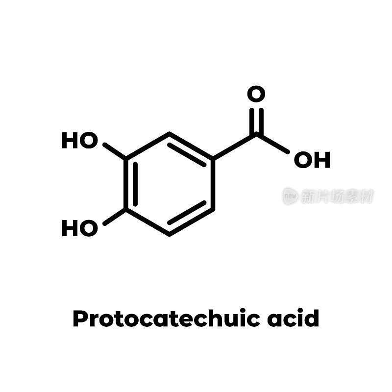 原儿茶酸(PCA)绿茶抗氧化分子。白色背景的骨骼公式。