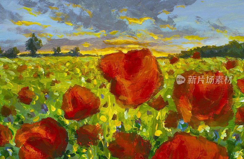 夕阳下的罂粟田油画。大片的红花罂粟在草地上创作印象派