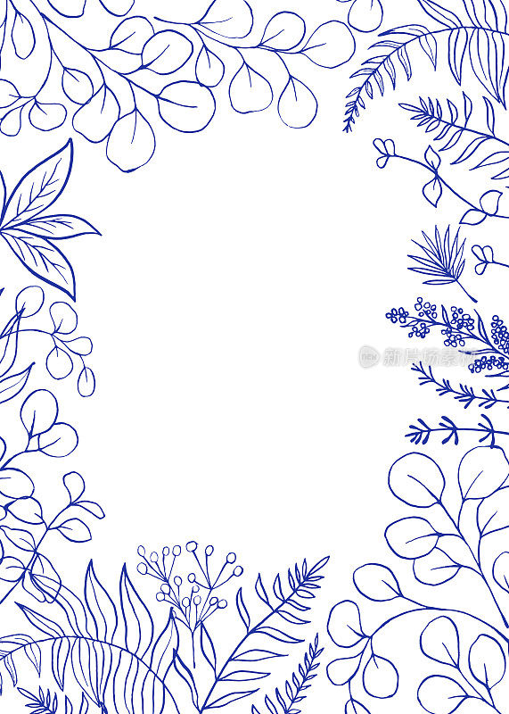 矩形框架与蓝色蕨类，桉树和草药在白色背景。中国风格的启发。