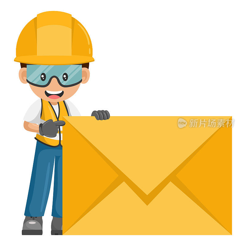 工业工人用巨大的信封装电子邮件。沟通，营销，通知和联系概念。工作中的工业安全和职业健康