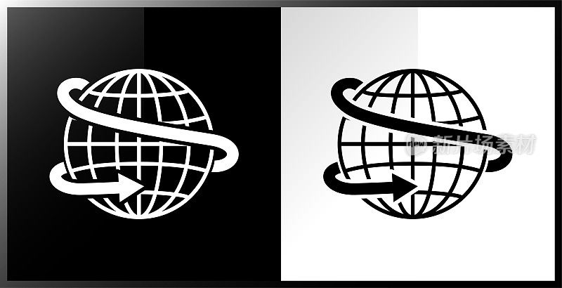 商贸国际交流，地球地球仪用箭。白色上的黑色图标。