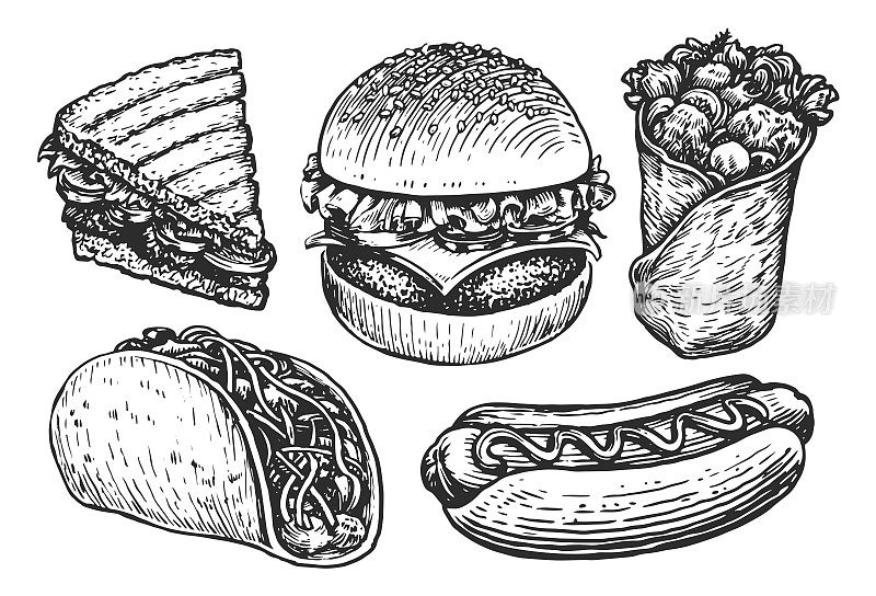 快餐布景小品。汉堡，热狗，玉米煎饼，三明治，墨西哥卷饼。街头小吃，外卖概念矢量插图