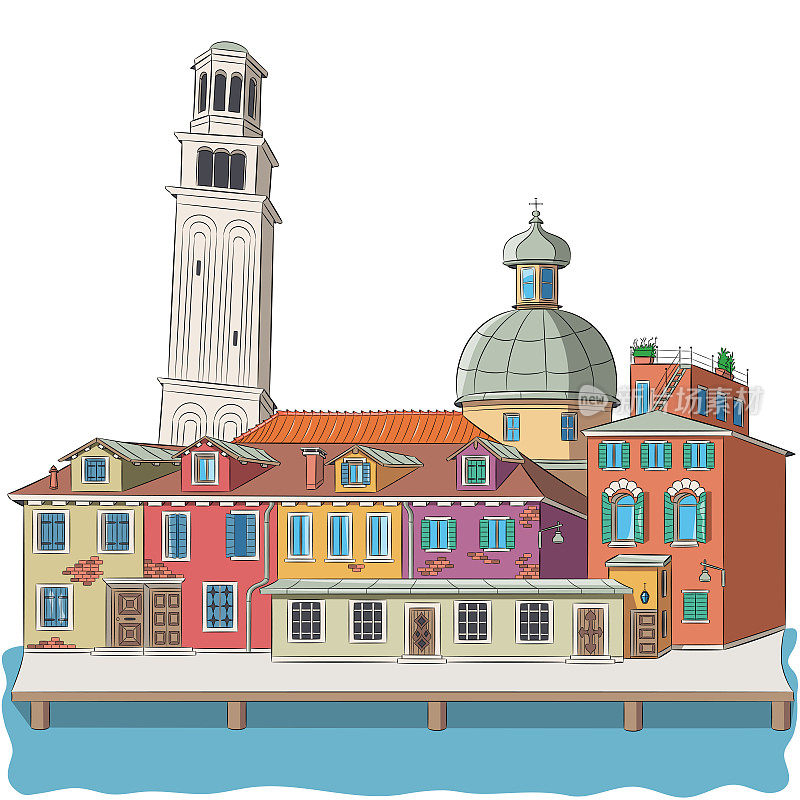 运河岸边的古老的彩色威尼斯传统房屋的彩绘。