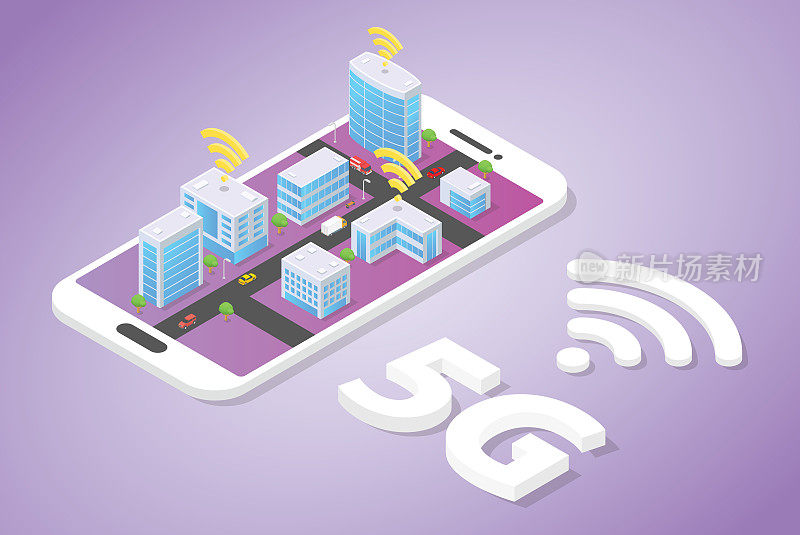 5g网络在智能手机顶部wifi信号的智能城市建设技术与等距现代风格-矢量