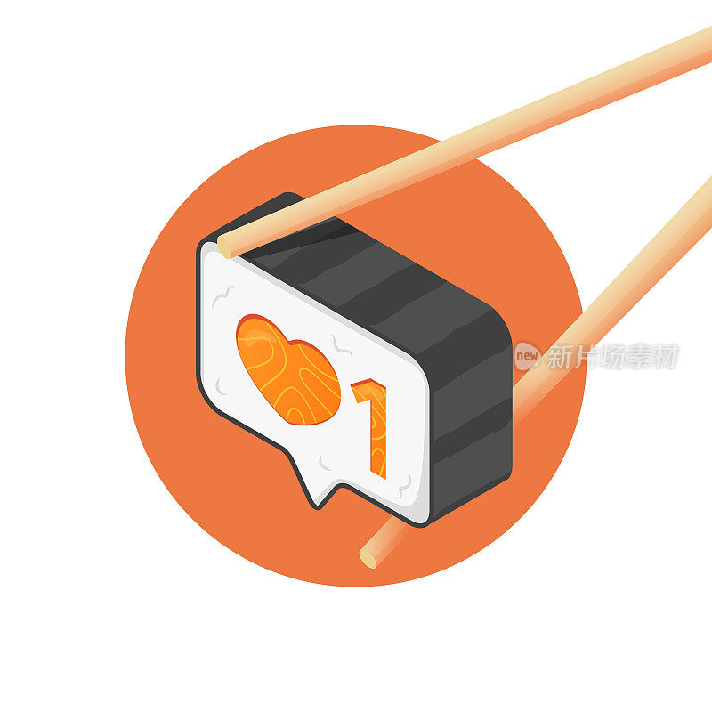 心形卷。社交媒体概念与签名喜欢。筷子可以夹寿司。媒体内容，从社会受众中获取喜欢