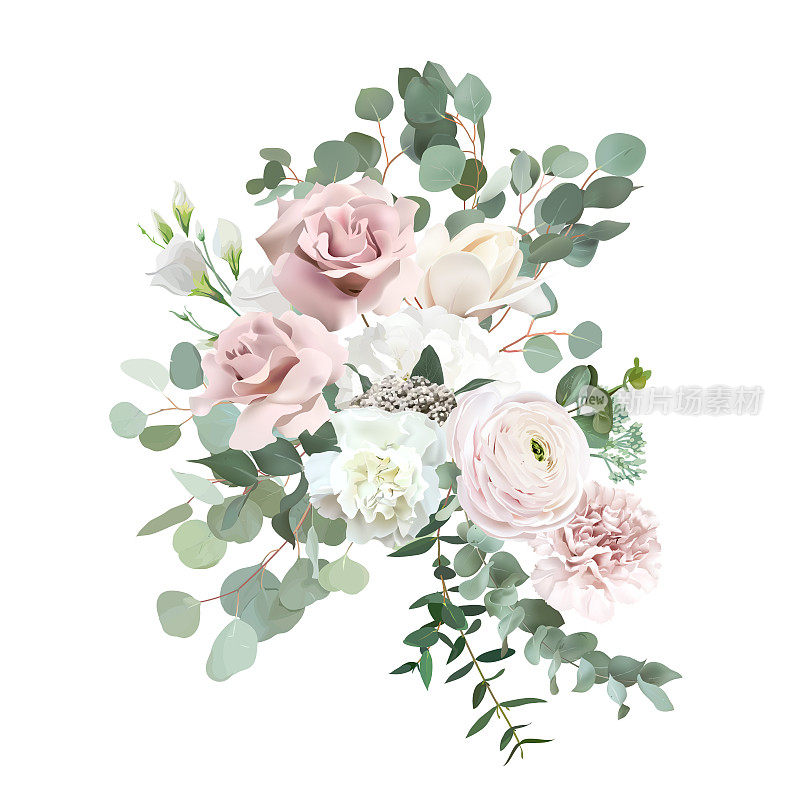 银色鼠尾草绿色和腮红粉红色花矢量设计花束。灰蒙蒙的玫瑰，白色的康乃馨，米色的玉兰花