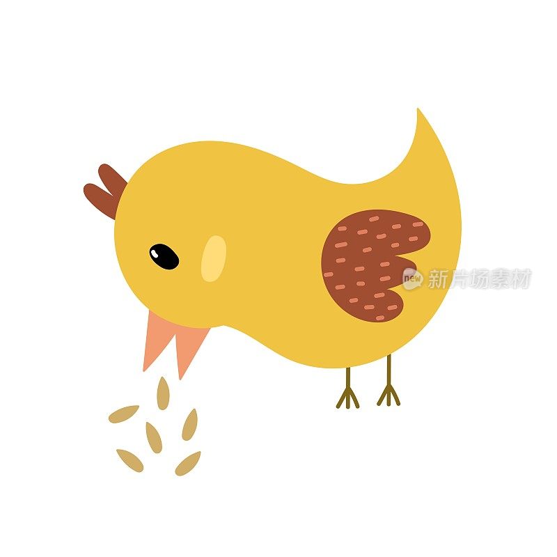 可爱的小鸟啄纹，幼稚的风格。有趣的卡通小鸡吃种子