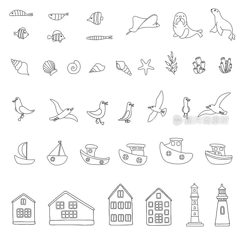 大海集与38个otline矢量元素制作图案，海洋小镇，海报关于海洋生物。